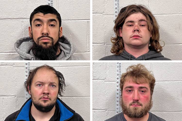 Clockwise from upper left, Samuel Bathrick, Devin Croteau, Brandon Teeter and Zachery Fuller have been charged with five counts of criminal mischief and five counts of conspiracy to commit criminal mischief for vandalism in Newport, N.H., and neighboring communities. (Newport Police photographs)