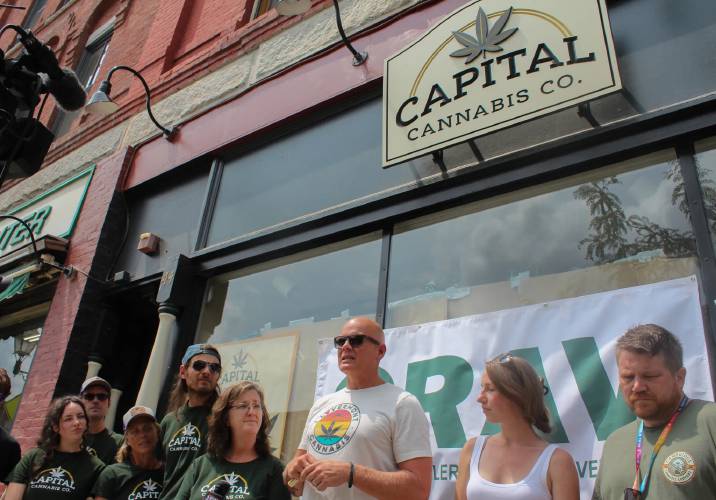 With federal funding off the table, people in the Vermont cannabis industry look for a path forward. From right: Dusty Kenney, owner of Cambridge Cannabis Co.; Jesse McFarlin, owner of Old Growth Vermont; Todd Bailey, executive director of the Cannabis Retailers Association of Vermont; and Lauren Andrews, owner of Capital Cannabis. Photo by Max Scheinblum/VTDigger