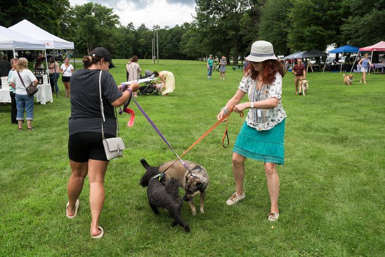 Leah Buccheri, of Orford, left, and Lisa Binder, of Lyme, right, try to keep their dogs Cali and Lucky G., respectively, from tangling their leashes while preparing for a parade of dogs around the Orford (N.H.) Open Air Market on Saturday, July 22, 2023. Binder sells jewelry and cards at a stand with her daughter Georgia Kahn who sells her own pottery. (Valley News - James M. Patterson) Copyright Valley News. May not be reprinted or used online without permission. Send requests to permission@vnews.com.