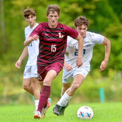 Lebanon High's Otto Bourne races through the midfield during his NHIAA Division II team's 5-1 defeat of Hollis-Brookline on Sept. 11, 2023, game in Lebanon, N.H. (Valley News - Tris Wykes) Copyright Valley News. May not be reprinted or used online without permission. Send requests to permission@vnews.com.