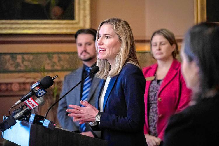 
Attorney General Charity Clark speaks at a press conference at the Statehouse in Montpelier, Vt., in January 2023. (VtDigger - Glenn Russell)