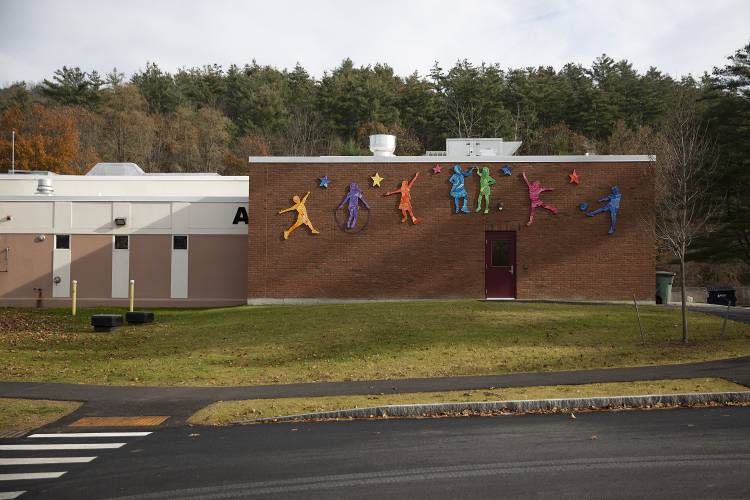 An art installation decorates the side of the 4,500 square-foot addition to Mount Lebanon Elementary School in West Lebanon, N.H., on Friday, Nov. 17, 2023. The project was paid for through the use of American Rescue Plan Elementary and Secondary School Emergency Relief (ESSER) and capital reserve funding. (Valley News / Report For America - Alex Driehaus) Copyright Valley News. May not be reprinted or used online without permission. Send requests to permission@vnews.com.