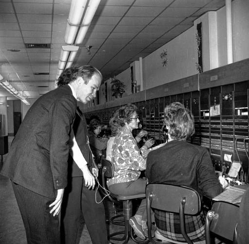 Republican congressional hopeful Richard W. Mallary visits the New England Telephone Company in White River Junction, Vt., on Dec. 31, 1971, and got a chance to visit with the telephone operators. (Valley News - George Lambert) Copyright Valley News. May not be reprinted or used online without permission. Send requests to permission@vnews.com.