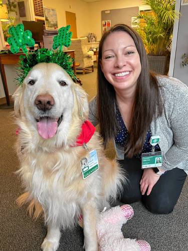Kooper, an 8-year-old golden retriever and his owner and teammate Karen Borgstrom visit Dartmouth-Hitchcock Medical Center in Lebanon on Fridays. (Courtesy Dartmouth-Hitchcock Medical Center)