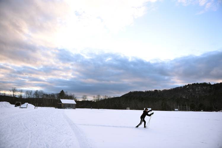 Lebanon nordic skier Warren Ramsey takes a shortcut to catch up with his group during a practice on Monday, Jan. 8, 2024, in Meriden, N.H. (Valley News - Jennifer Hauck) Copyright Valley News. May not be reprinted or used online without permission. Send requests to permission@vnews.com.