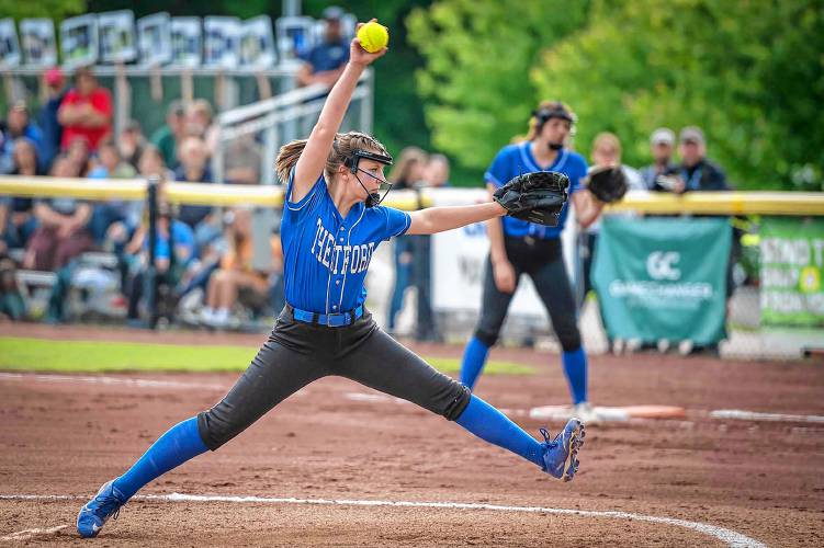Thetford’s McKayla Stanley pitches against Oxbow during the Vermont Division III state championship in Castleton, Vt., on Saturday, June 10, 2023. (Glenn Russell photograph)