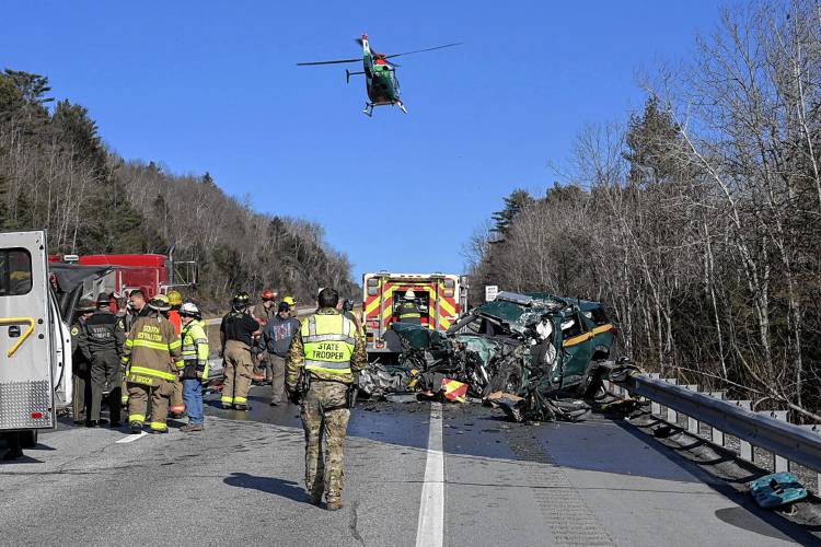A Vermont State Police officer is airlifted from a crash scene on Interstate 89 North in Royalton, Vt., on Friday morning, March 8, 2024. The road was closed for a period of time. (Valley News - James M. Patterson) Copyright Valley News. May not be reprinted or used online without permission. Send requests to permission@vnews.com.  