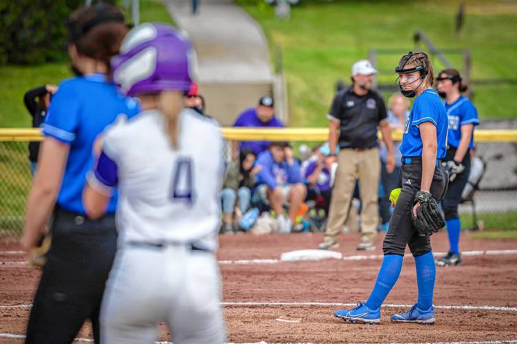 Thetford pitcher McKayla Stanley looks over at first base during the Vermont Division III state championship in Castleton, Vt., on Saturday, June 10, 2023. (Glenn Russell photograph)