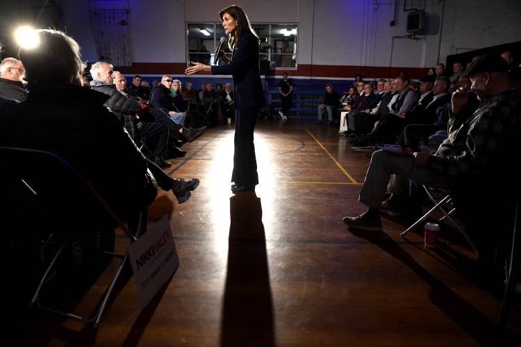 Republican presidential candidate Nikki Haley speaks to a crowd at the Newport Recreation Department's gymnasium on Wednesday, Dec. 13, 2023, in Newport, N.H. (Valley News - Jennifer Hauck) Copyright Valley News. May not be reprinted or used online without permission. Send requests to permission@vnews.com.