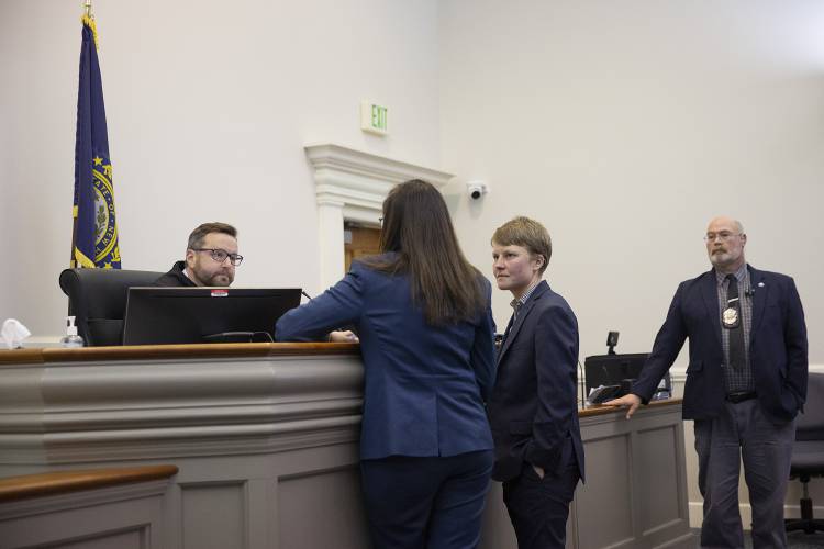 From left, Judge Michael Mace talks to prosecutor Mariana Pastore and defense attorney Kira Kelley during the trial of Dartmouth students Roan Wade and Kevin Engel for misdemeanor criminal trespassing at Lebanon District Court in Lebanon, N.H., on Monday, Feb. 26, 2024. (Valley News / Report For America - Alex Driehaus) Copyright Valley News. May not be reprinted or used online without permission. Send requests to permission@vnews.com.