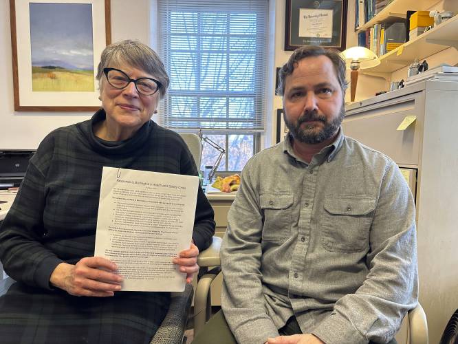 CAPTION CORRECTION: CORRECTS TITLE: Jane Knodell, a former president of the Burlington City Council, holds a letter on Dec. 6, 2023, in Burlington, Vt., that she and fellow resident Andrew Vota, right, drafted and circulated. About 1,500 people have signed the letter raising concerns about public drug and alcohol use and violence in the city and what can be done to address the problems. (AP Photo/Lisa Rathke)