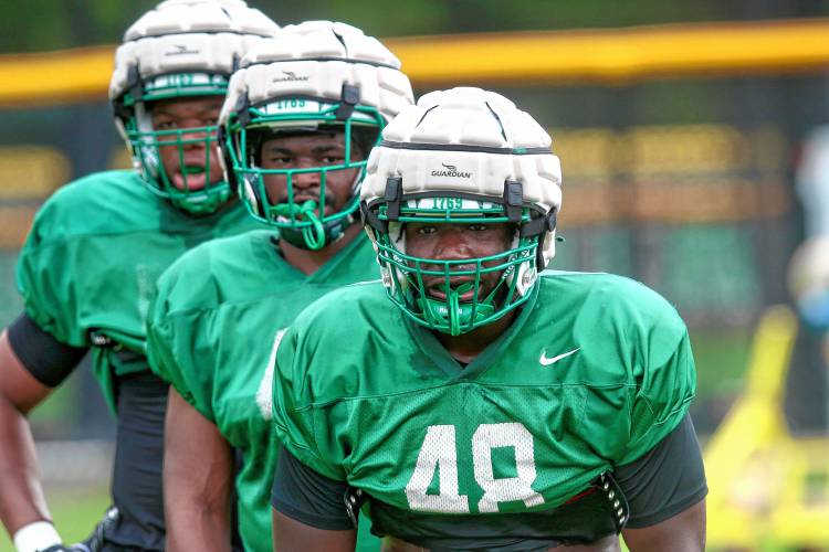 Dartmouth College linebacker Zyion Freer-Brown (48) waits to participate in a practice drill on Aug. 21, 2023, on the Blackman Fields. (Valley News - Tris Wykes) Copyright Valley News. May not be reprinted or used online without permission. Send requests to permission@vnews.com.