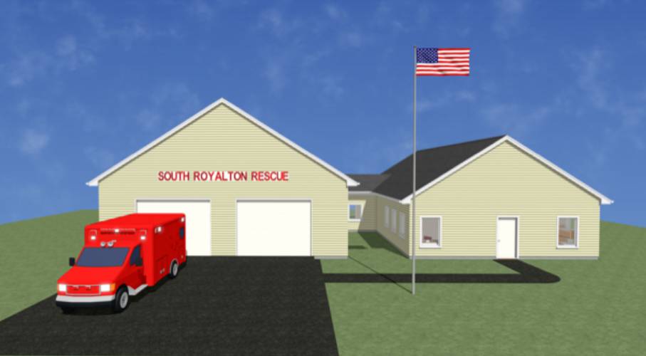 An artist’s rendering of the proposed South Royalton Rescue facility, which is slated to go near the Royalton Town Office off Route 14. It includes a common space with a kitchen, two bunk rooms, three offices, a bathroom and laundry, as well as two bays for emergency vehicles and storage space. (Courtesy South Royalton Rescue)