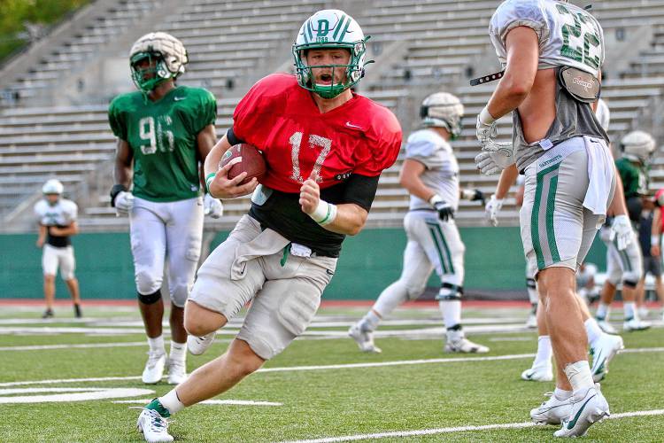 Dartmouth College quarterback Nick Howard cuts upfield during the Big Green's Sept. 12, 2023, practice on Memorial Field in Hanover, N.H. (Valley News - Tris Wykes) Copyright Valley News. May not be reprinted or used online without permission. Send requests to permission@vnews.com.