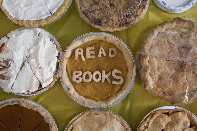 Several flavors of pies cover a table during Town Meeting at Tunbridge Central School in Tunbridge, Vt., on Tuesday, March 7, 2023. (Valley News / Report For America - Alex Driehaus) Copyright Valley News. May not be reprinted or used online without permission. Send requests to permission@vnews.com.