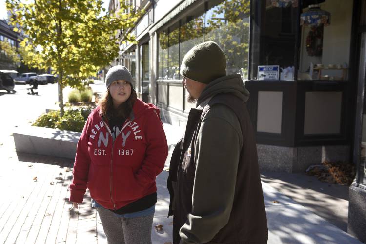Mackenzie Godin, 22 and William Clough, 40 of Claremont, N.H., say they are both supporters of Donald Trump on Wednesday, Nov. 8, 2023. Trump will be making a campaign stop in Claremont on Saturday. (Valley News - Jennifer Hauck) Copyright Valley News. May not be reprinted or used online without permission. Send requests to permission@vnews.com.
