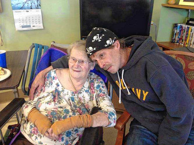 Chris Conant with his grandmother, Aune Lepisto Conant, on her 99th birthday in 2017 at the Sullivan County Health Care nursing home in Unity, N.H. (Family photograph)