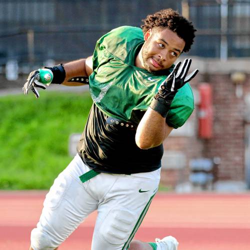 Dartmouth College defensive lineman Jaylin Rainey practices his rush moves during the Big Green's Sept. 12, 2023, practice on Memorial Field in Hanover, N.H. (Valley News - Tris Wykes) Copyright Valley News. May not be reprinted or used online without permission. Send requests to permission@vnews.com.