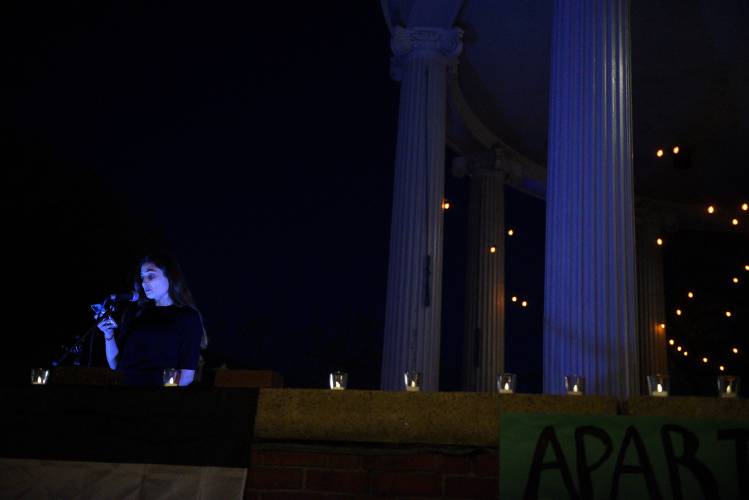 Dartmouth student Yasmine Abouali speaks during a Memorial for Victims of Apartheid organized by Al-Nur and the Palestine Solidarity Coalition on Thursday, on Oct. 19, 2023. (Valley News - Jennifer Hauck) Copyright Valley News. May not be reprinted or used online without permission. Send requests to permission@vnews.com.