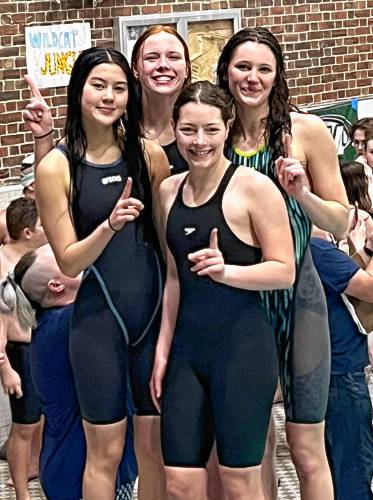 From left, Hanover swimmers Sofia Ye, Rosie Keith, Iris Freeman and Elizabeth Staats won the 200 yard medley relay and the 400 yard freestyle relay at the NHIAA Division II state meet. (Courtesy photograph)
