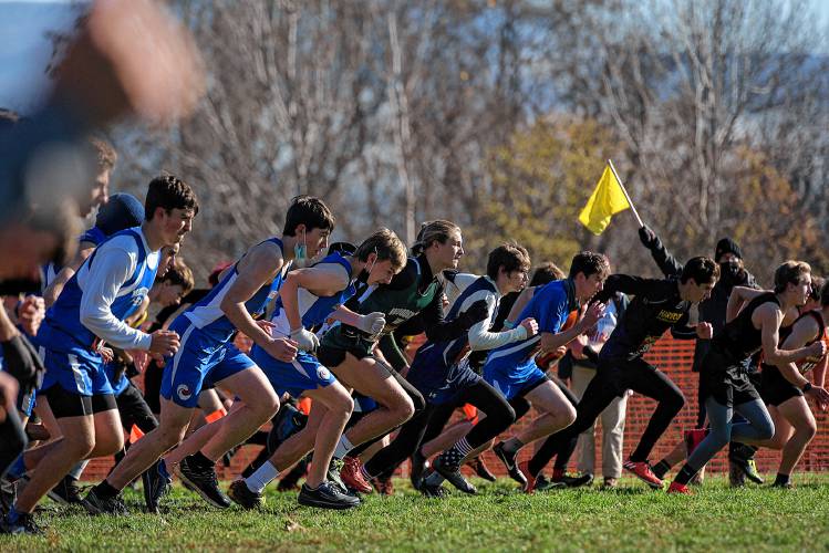 Upper Valley athletes and others take off from the starting line in the VPA Division II cross country meet at Thetford Academy in Thetford, Vt., Saturday, Oct. 31, 2020. (Valley News - James M. Patterson) Copyright Valley News. May not be reprinted or used online without permission. Send requests to permission@vnews.com.