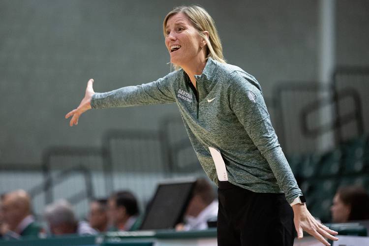 Dartmouth Head Coach Adrienne Shibles yells from the sideline during a game against The State University of New York at Albany at Leede Arena in Hanover, N.H., on Tuesday, Dec. 6, 2022. Albany won, 73-45. (Valley News / Report For America - Alex Driehaus) Copyright Valley News. May not be reprinted or used online without permission. Send requests to permission@vnews.com.