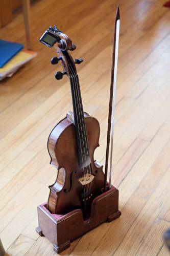 Beth Telford’s instrument sits in a stand during a lesson at her home in Braintree, Vt., on Wednesday, March 6, 2024. (Valley News - James M. Patterson) Copyright Valley News. May not be reprinted or used online without permission. Send requests to permission@vnews.com.