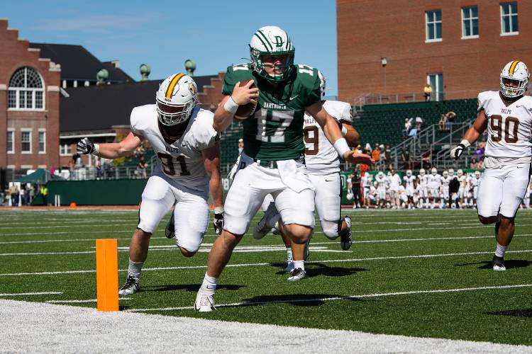 Dartmouth quarterback Nick Howard scores a touchdown during a game against Valparaiso at Memorial Field in Hanover, N.H., on Saturday, Sept. 17, 2022. (Valley News / Report For America - Alex Driehaus) Copyright Valley News. May not be reprinted or used online without permission. Send requests to permission@vnews.com.