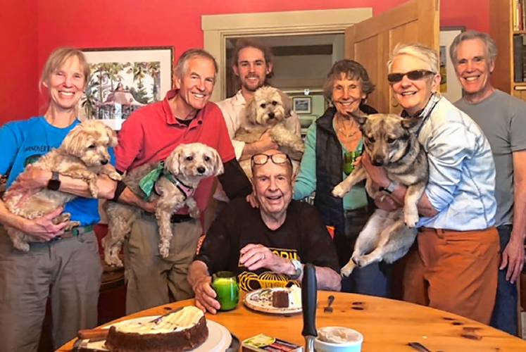 Joe Medlicott celebrates his 96th birthday in May 2023 with family and pets. (Family photograph)