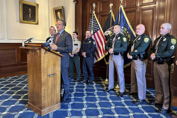 New Hampshire Gov. Chris Sununu announces details of a new Northern Border Alliance Task Force, Thursday, Oct. 19, 2023, in Concord, N.H. The task force will use $1.4 million to increase patrols of the Canadian border. (AP Photo/Holly Ramer)