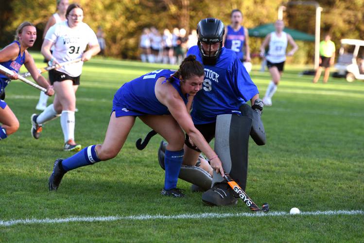 Hartford's Madison Willey tries to get past Woodstock goalie Paige Stone in the second half of their game on Wednesday, Oct. 4, 2023, in Woodstock, Vt. Woodstock won in overtime, 2-1. (Valley News - Jennifer Hauck) Copyright Valley News. May not be reprinted or used online without permission. Send requests to permission@vnews.com.