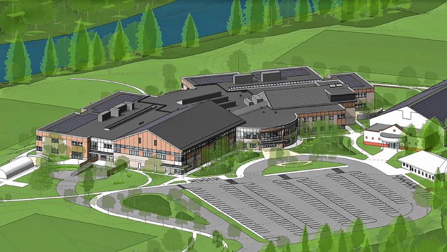 An artist's rendering of the proposed Woodstock middle and high school building, located on what it currently the school football field. (Courtesy Mountain Views Supervisory Union)