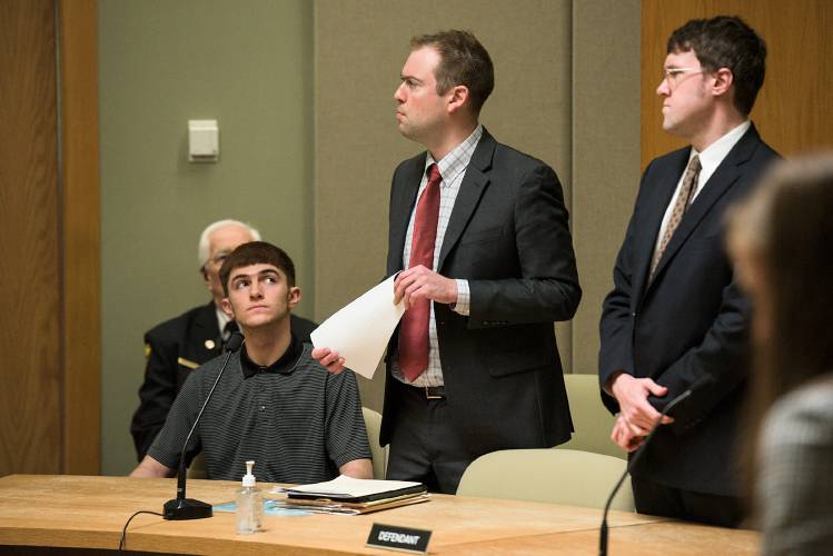 William Menard, of Piermont, left, listens and public defender Miles Stafford, right, looks on as public defender Jason Novak, middle, speaks to Judge Lawrence MacLeod, Jr. during his arraignment in Grafton Superior Court on Tuesday, June 20, 2023. Menard is charged with sexually assaulting women in West Lebanon and Hanover last winter. (Valley News - James M. Patterson) Copyright Valley News. May not be reprinted or used online without permission. Send requests to permission@vnews.com.
