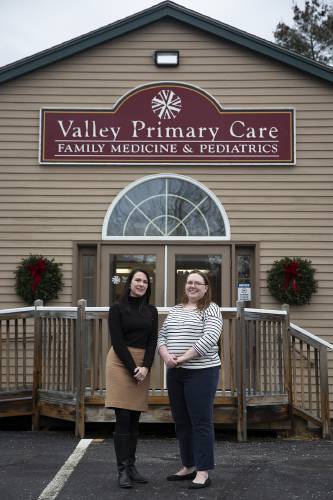 Primary Care Nurse Practitioner Jillian Rafter, left, and Clinical Social Worker Krista LaFont-Leamey at Valley Primary Care Family Medicine and Pediatrics in Claremont, N.H., on Wednesday, Dec. 13, 2023. Rafter and LaFont-Leamey worked together to develop a post-sentencing integrated care program at Valley Regional Hospital in order to better serve formerly incarcerated individuals, who often struggle to access primary care after reintegrating into the community. (Valley News / Report For America - Alex Driehaus) Copyright Valley News. May not be reprinted or used online without permission. Send requests to permission@vnews.com.