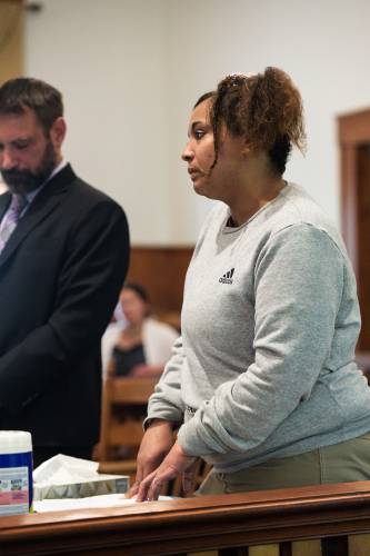 Victoria Griffin, right, reads a statement at her sentencing in Orange Superior Court in Chelsea, Vt., on Friday, July 7, 2023, after pleading guilty to the December 2020 stabbing death of Concepcion 