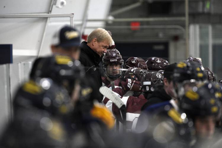 Hanover boys hockey coach Dick Dodds talks to his players during a timeout in the third period of their game with Bow on Wednesday, Dec. 20, 2023, in West Lebanon, N.H. Bow won, 5-2.  (Valley News - Jennifer Hauck) Copyright Valley News. May not be reprinted or used online without permission. Send requests to permission@vnews.com.