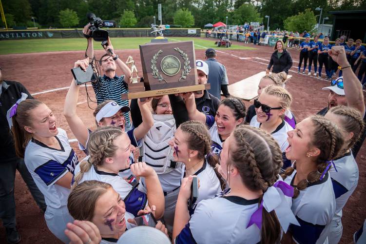 The Oxbow Olympians celebrate their victory over Thetford in the Vermont Division III state championship in Castleton, Vt., on Saturday, June 10, 2023. (Glenn Russell photograph)