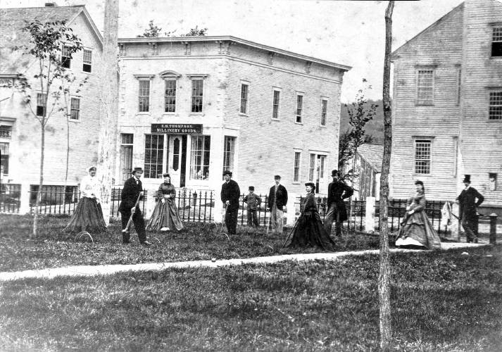 People play croquet at Colburn Park in front of North Park St and town hall, before the year of 1868. The image is included in Nicole Ford Burley's new book about Lebanon history. (Lebanon Historical Society photograph)