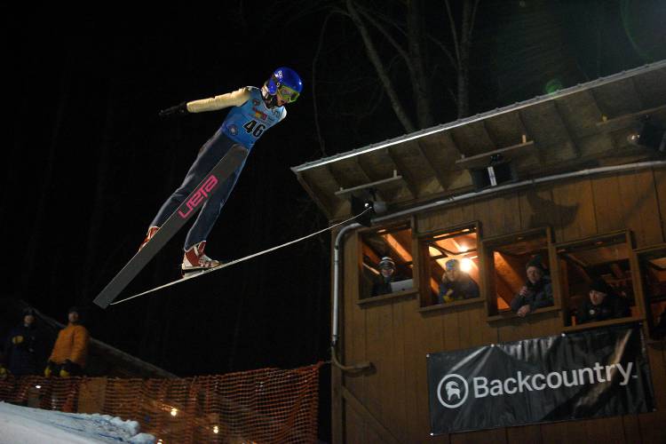 Hanover ski jumper Jai Gregory jumps during a regional ski jumping competition at Oak Hill in Hanover, N.H. on Thursday, Feb. 2, 2023. (Valley News - Jennifer Hauck) Copyright Valley News. May not be reprinted or used online without permission. Send requests to permission@vnews.com.