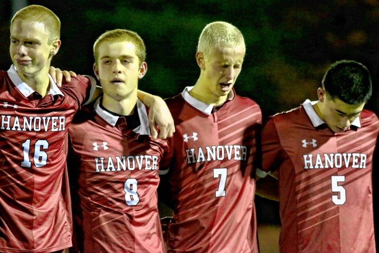 Hanover High players, from left, Ian Press, Andrew McGuire, Zach Tracy and Sam Calderwood react after losing the NHIAA Division I final, 4-0, to Bedford on Nov. 3, 2023, at Stellos Stadium in Nashua, N.H. (Valley News - Tris Wykes) Copyright Valley News. May not be reprinted or used online without permission. Send requests to permission@vnews.com.
