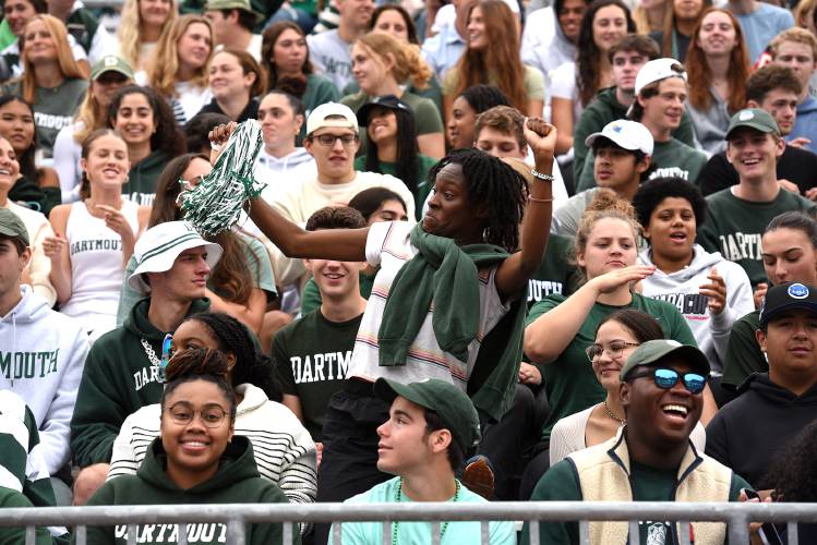 Dartmouth senior Chara Lyons dances in the stands during  Dartmouth's football home opener against Lehigh on Saturday, Sept. 23, 2023 in Hanover, N.H. Dartmouth won 34-17.
(Valley News - Jennifer Hauck) Copyright Valley News. May not be reprinted or used online without permission. Send requests to permission@vnews.com.