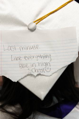 Amber Houston said that she went to the store for supplies to decorate her mortar board and found they were out of everything she needed, so she settled for a simple message in pencil on notebook paper to wear at Mascoma High School commencement in West Canaan, N.H., on Friday, June 16, 2023. (Valley News - James M. Patterson) Copyright Valley News. May not be reprinted or used online without permission. Send requests to permission@vnews.com.