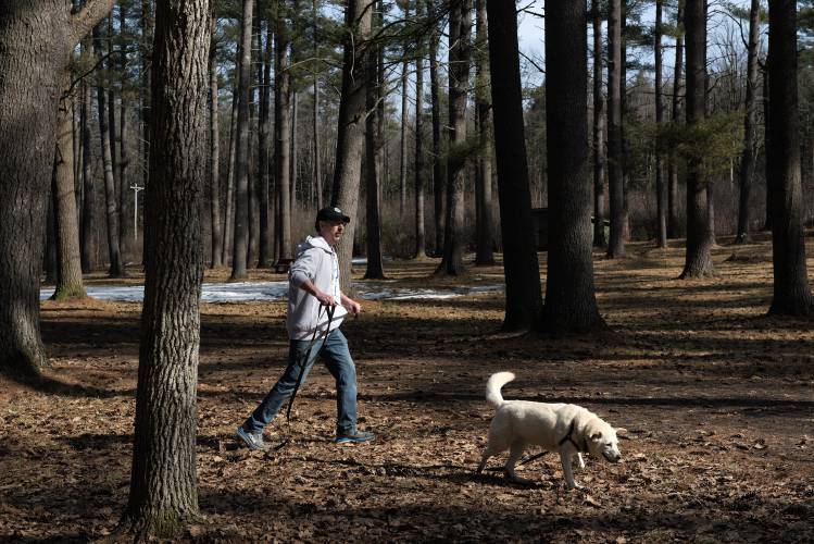 Bob Friend, of Claremont, walks with his lab-beagle mix Hope at Moody Park in Claremont, N.H., Tuesday, Feb. 27, 2024, where the city is proposing to build a dog park near the parking area off of Maple Avenue. Friend said he said he prefers to keep Hope on a long leash and walk the trails at the park. 