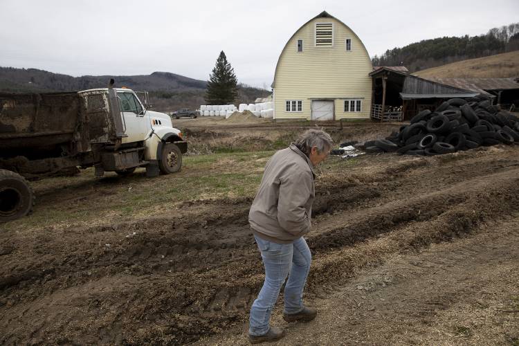 Peggy Ainsworth walks past a manure spreader parked on her property at Westlands Farm on the border of Sharon and South Royalton, Vt., on Wednesday, April 3, 2024. Nine acres of the farm’s corn fields were flooded in July and again in December, wiping out crops and nutrients in the soil. The Vermont Agency of Agriculture received an increase in requests for exemptions from its manure spreading ban this winter, in part because fields like Ainsworth’s were too wet to spread manure in July and August. (Valley News / Report For America - Alex Driehaus) Copyright Valley News. May not be reprinted or used online without permission. Send requests to permission@vnews.com.