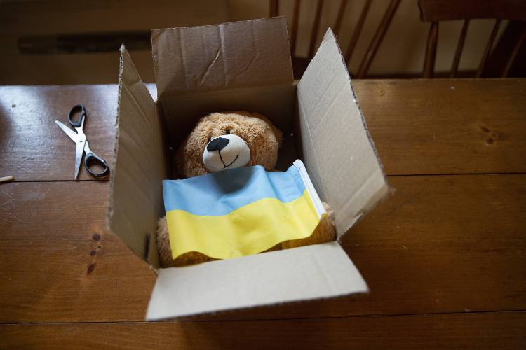 A Ukrainian flag is draped over Anya Burtolik’s teddy bear, which she plans to send to President Biden, in Hartland, Vt., on Wednesday, August 9, 2023. Anya previously sent a letter to the President and didn’t hear back, but she hopes her favorite teddy bear will garner a response from the White House. (Valley News / Report For America - Alex Driehaus) Copyright Valley News. May not be reprinted or used online without permission. Send requests to permission@vnews.com.