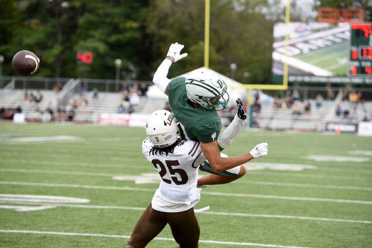 Lehigh's Donovan Lassiter breaks up a pass to Dartmouth's Painter Richards-Baker in the first half during their game on Saturday, Sept., 23, 2023 in Hanover, N.H.  Dartmouth won 34-17. (Valley News - Jennifer Hauck) Copyright Valley News. May not be reprinted or used online without permission. Send requests to permission@vnews.com.