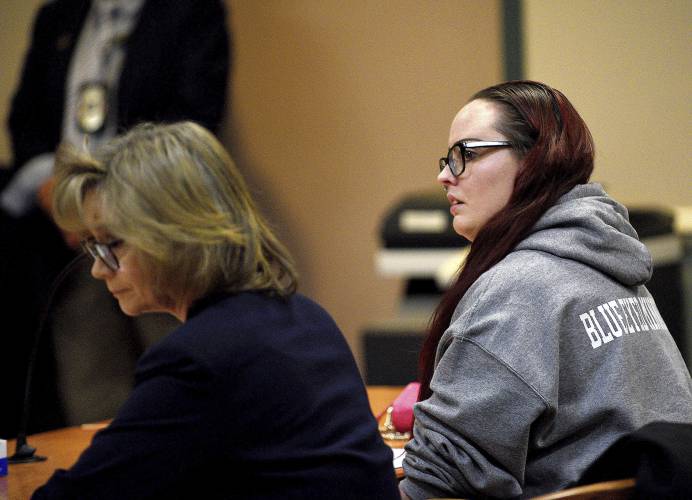 Crystal Sorey, the mother of Harmony Montgomery, sits with her attorney, Sheliah Kaufold, at a hearing for a probate case hearing at Nashua Circuit Court in Nashua, N.H., Monday, March 11, 2024. The mother of Harmony, the little girl who was brutally murdered by her father, Adam Montgomery, was in court to declare her daughter deceased in an attempt to file a wrongful death lawsuit. (David Lane/Union Leader via AP, Pool)