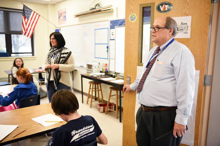 Tracy Thompson's science class is visited by fellow Hartford Memorial Middle School teacher on Thursday, October 29, 2015 (Valley News - James M. Patterson) Copyright Valley News. May not be reprinted or used online without permission. Send requests to permission@vnews.com.