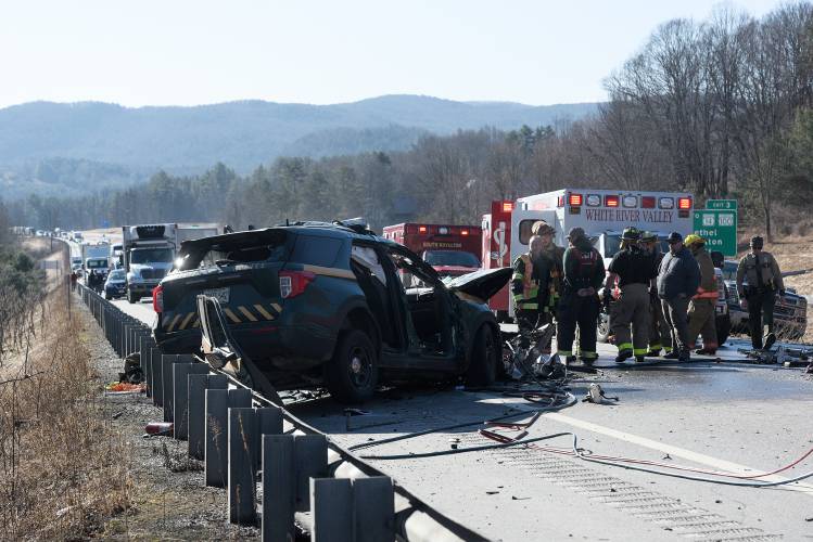 Traffic backs up on Interstate 89 northbound in Royalton, Vt., as emergency workers wait for a Vermont State Trooper to be airlifted from the site of a crash on Friday, March 8, 2024. The State Trooper crashed into a Bethel firetruck that was parked acting as a blocking vehicle to divert traffic into the right lane away from the site of an earlier crash. (Valley News - James M. Patterson) Copyright Valley News. May not be reprinted or used online without permission. Send requests to permission@vnews.com.