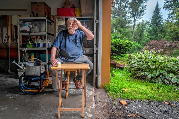 Jerry Williams tells how he had to flee his home in Johnson, Vt., at 3 a.m. as flood waters from the Lamoille River rose on July 10th. Seen on Wednesday, July 27, 2023. (VtDigger - Glenn Russell)